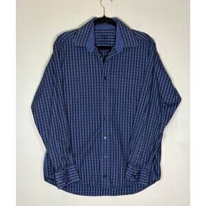 Bugatchi‎ blue black gingham pattern classic fit long sleeve shirt, Men's Medium